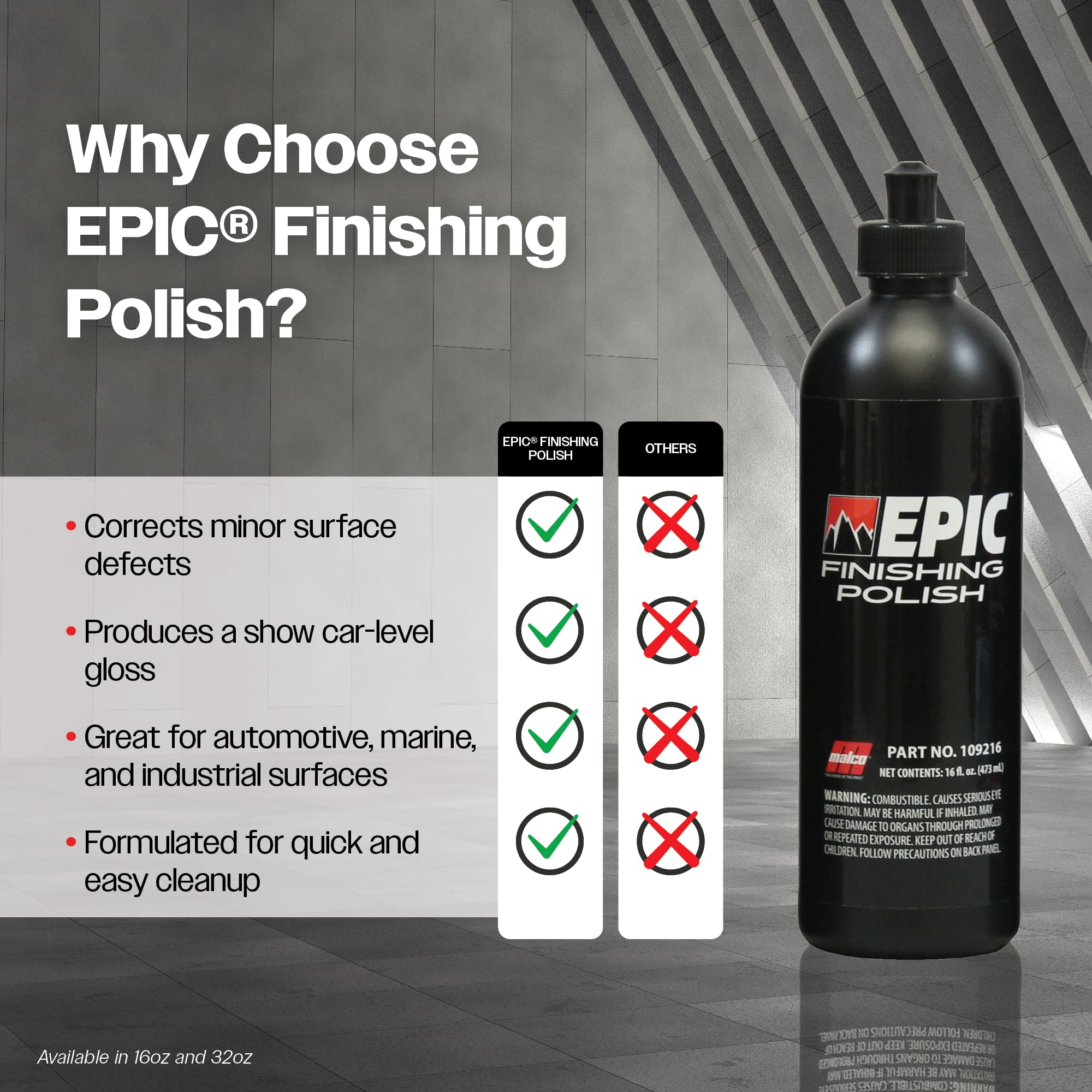 Malco Epic Finishing Polish - Vehicle Finishing Polish for Light Paint Correction/Polishes to Deep Showroom Gloss/Swirl-Free with Orbital Polisher / 16 Oz. (109216) - Image 4