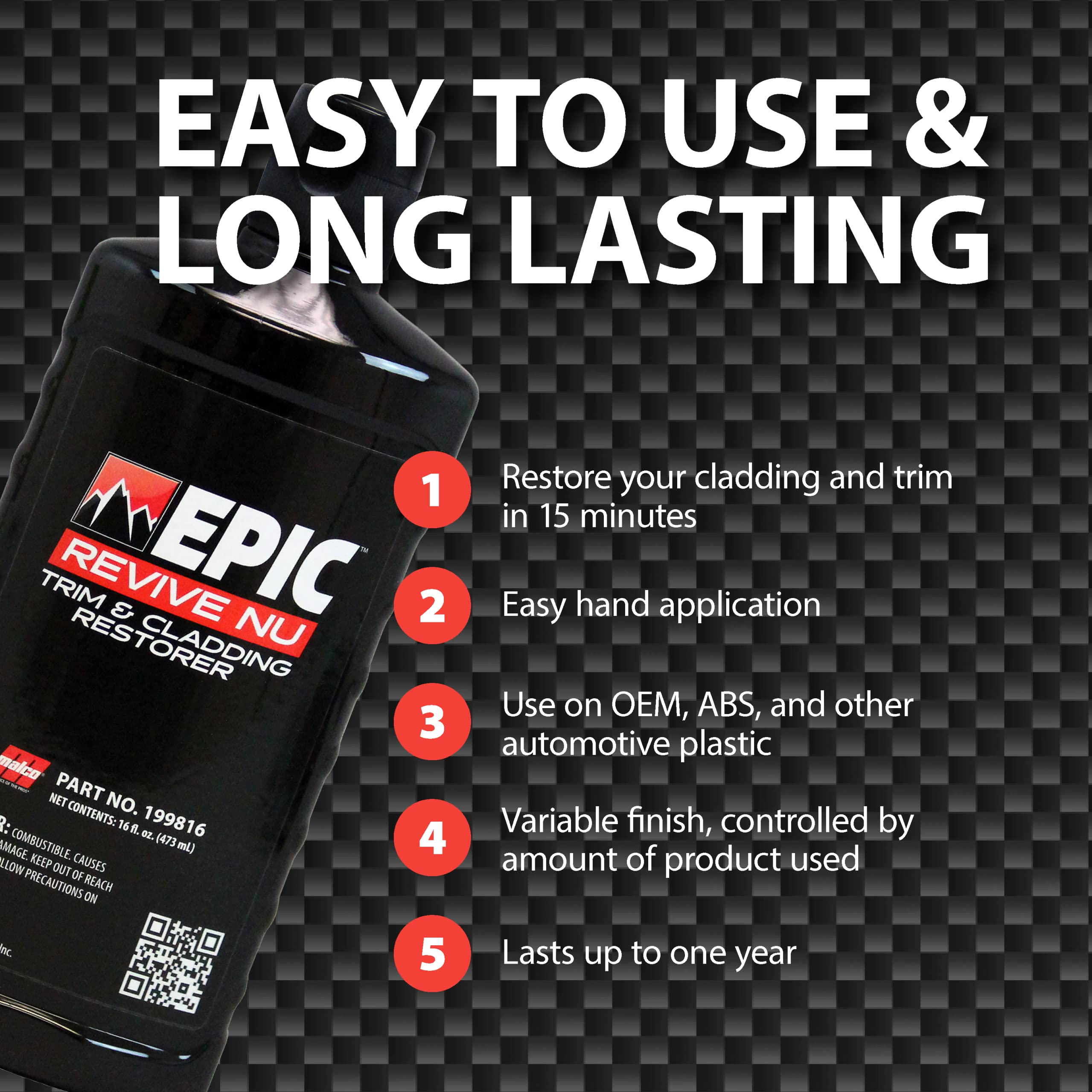 Malco Epic Revive Nu Plastic Trim & Cladding Restorer - Restores Faded and Dried Out Plastic/Vinyl and Rubber Back to Black or Gray Finish / 16 Oz (199816) - Image 4