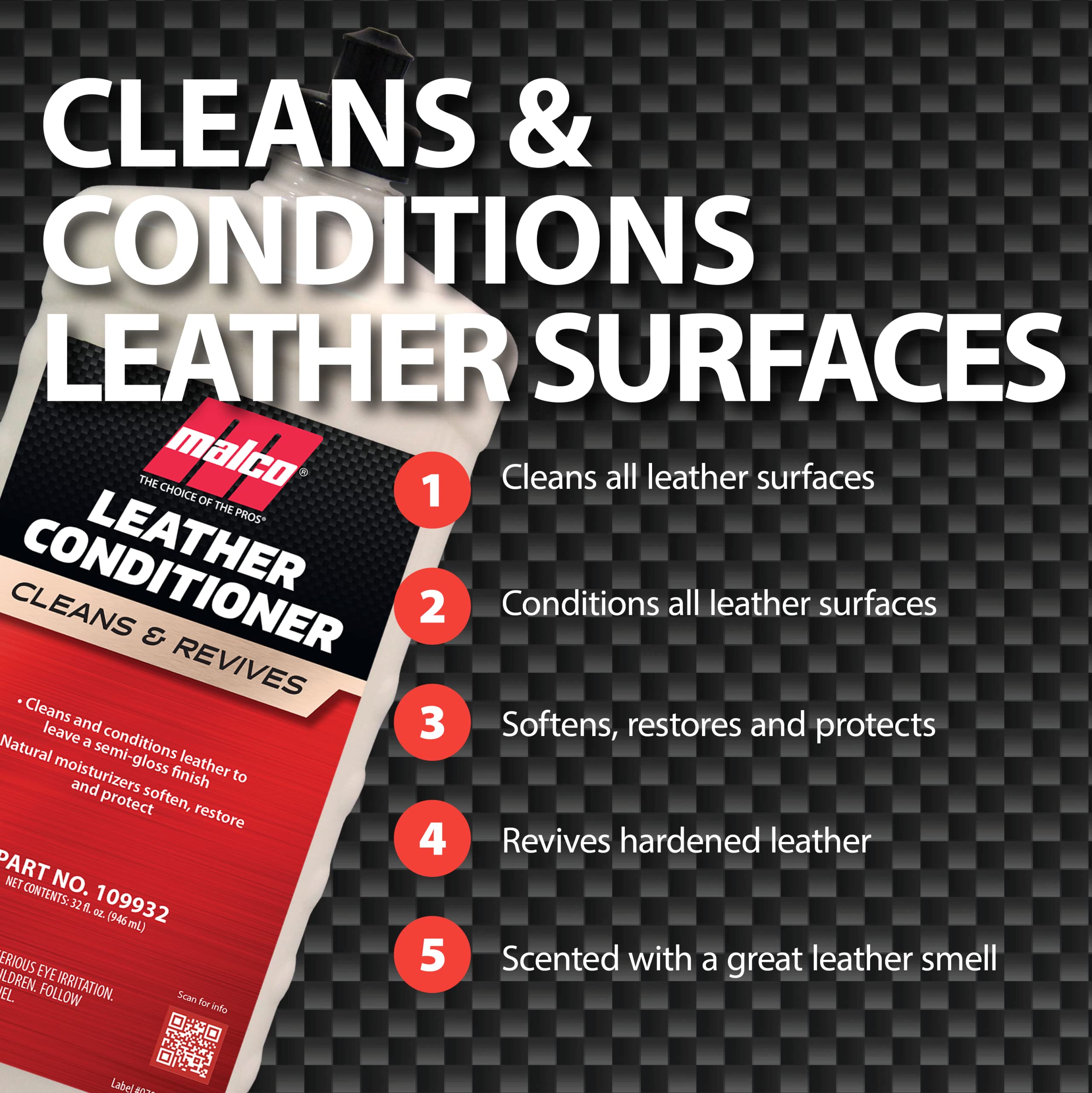 Malco Leather Conditioner for Cars - Cleans and Conditions Automotive Seats & Surfaces/Natural Moisturizers Soften, Restore and Protect Leather Interiors / 32 Oz (109932) - Image 4